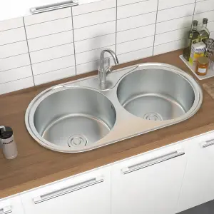 2 Bowl Round Catering Inset Stainless Steel Kitchen Sink and Drainer 860mm x 450mm