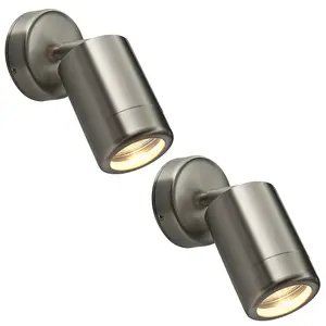 2 PACK Adjustable IP65 Wall Spotlight - 7W LED GU10 - Brushed Stainless Steel