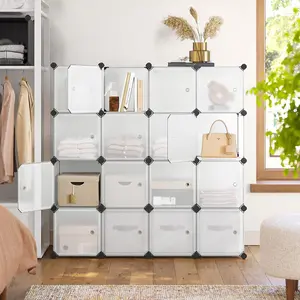 SONGMICS 16-Cube DIY Storage Rack, Stackable Closet Shelving Unit, PP Plastic Cubes, Shoe Organizer, Wardrobe Divider, White