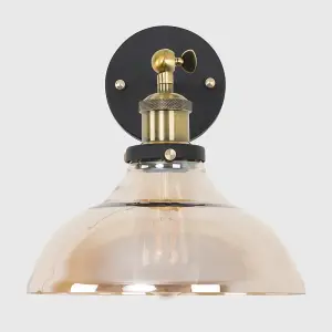 ValueLights Wallace Industrial Black and Gold Wall Light Fitting with Tinted Glass Wide Light Shade