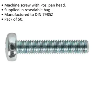 50 Pack of M5 x 25mm Pozi Pan Head Machine Screws - DIN 7985Z