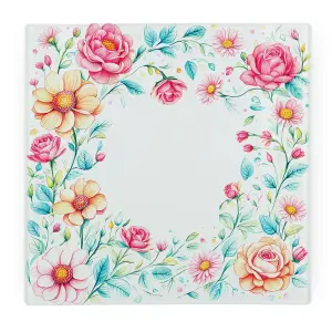 Pink Floral Glass Worktop Saver - Pastel Flower Gifts - Kitchen Chopping Board Worktop Protector with Non-Slip Feet