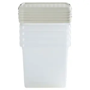 Wham Clip 5x 14L Square Plastic Storage Boxes with Secure Clip Lock Lids. L:29 x W:29 x H:26cm Clear/Stone/Slate Grey