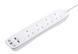 Masterplug Surge White 4 socket Extension lead with USB, 1m