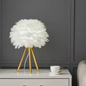 White Chic LED Feather Bedroom Bedside Table Lamp with Gold Tripod Legs 30cm x 45cm