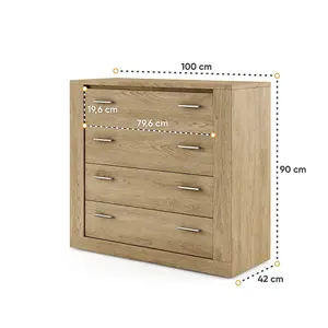 Idea 10 Contemporary Chest Of Drawers Silver Handles 4 Drawers Oak Effect (H)910mm (W)1000mm (D)420mm