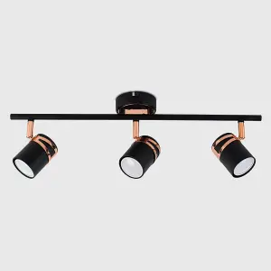 ValueLights Garcia 3 Way Black Ceiling Bar Spotlight and GU10 Spotlight LED 5W Cool White 6500K Bulbs