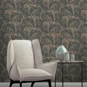 Rasch Scroll Charcoal Black Metallic Bronze Glitter Textured Wallpaper 301861