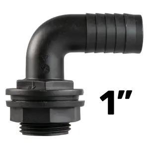 Water butt/rain barrel/water storage tank overflow hosetail elbow with nut & washer (1" bsp - 1" barb) requires a 33mm hole