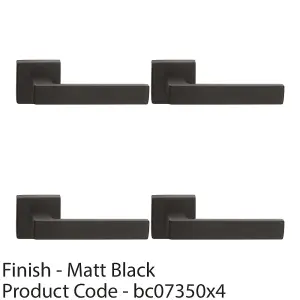 4 PACK - Contemporary Flat Door Handle Set - Matt Black Sleek Lever on Square Rose