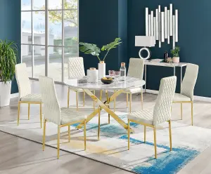 Furniturebox UK Novara White Marble Gold Leg 120cm Round Dining Table & 6 Cream Velvet Milan Gold Leg Chairs