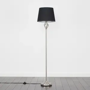 ValueLights Memphis Traditional Style Satin Nickel Barley Twist Floor Lamp with Black Tapered Light Shade