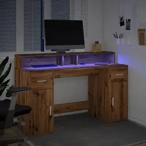 Berkfield Desk with LED Lights Artisian Oak 140x55x91 cm Engineered Wood