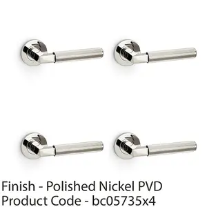 4 PACK - SOLID BRASS Reeded Door Handle Set - Polished Nickel Angled Lever on Round Rose