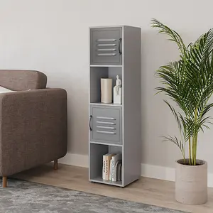 URBNLIVING 120cm Height 4 Cube Bookcase Grey Metal Door Display Storage Unit Shelving Cupboard Grey