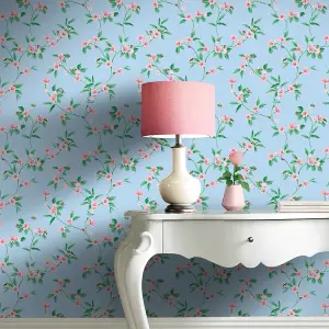 Cath Kidston Blue & Pink Floral Pearl effect Embossed Wallpaper