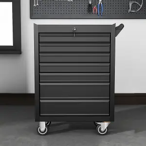 Black Lockable 7 Drawers Heavy Duty Metal Workshop Tool Trolley Rolling Cabinet