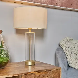 ValueLights Balan Gold & Clear Tube Table Lamp with Beige Cylinder Shade