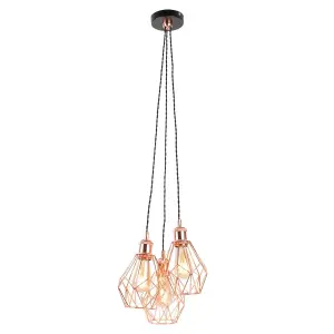 First Choice Lighting Set of 2 Matt Black & Copper Geometric 3 Light Cluster Pendants