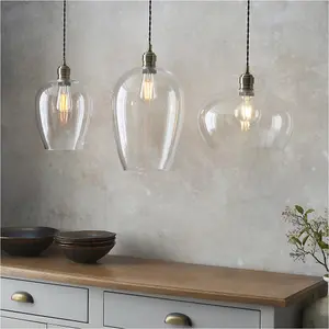 2 PACK Hanging Ceiling Pendant Light - Large Antique Brass Plate & Clear Glass - 10W LED E27