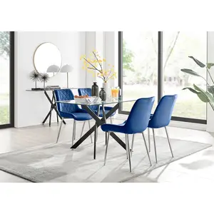 Lenworth Glass Rectangular Dining Table Set with 4 Luxury Velvet Chairs Navy/Silver / Black