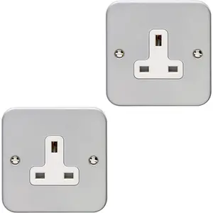 2 PACK 1 Gang Single 13A Unswitched UK Plug Socket HEAVY DUTY METAL CLAD Power