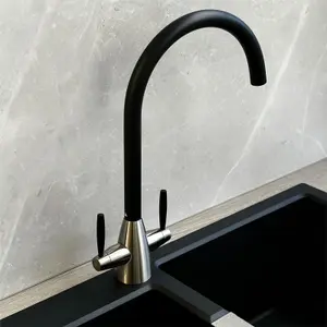 Liquida LB01BL Swan Neck Twin Lever Brushed Steel and Black Kitchen Tap