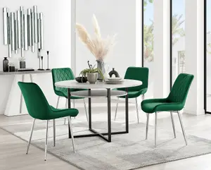 Adley Grey Concrete Effect And Black Round Dining Table with Storage Shelf and 4 Green Velvet Silver Leg Pesaro Dining Chairs