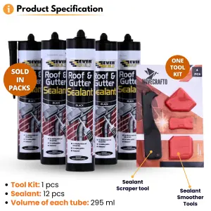 Roof & Gutter Sealant - Pack of 12 Tubes (295ml each) Black Sealant Waterproof with 4-Piece Sealant Tool Kit, Seal Gutter Leaks