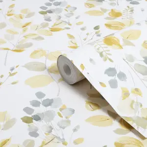 Fresco Watercolour Leaves Ochre Wallpaper