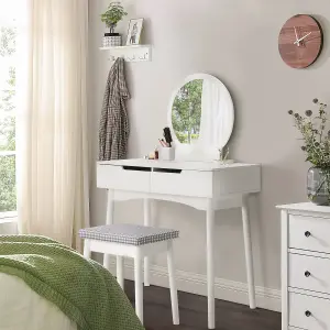 Dressing Table and Chair Set,White Wooden Dressing Table Mirror Desk with Drawer and Dressing Stool