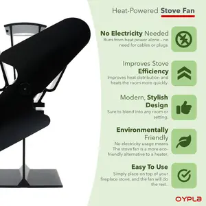 Oypla Eco-Friendly Heat Powered Log Burner Fireplace Stove Top Fan