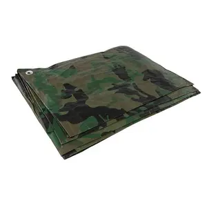 5 x 8 m Tarpaulin Waterproof Heavy Duty Cover Ground Sheet Camping with 4 Tarp Clips + 10m / 30ft Bungee Cord (Camo/Army - 90GSM)