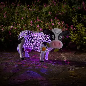 Solar Powered Silhouette Daisy Cow - Outdoor Garden Handmade Ornament with Scroll Effect Cut Out & LED Light - H26 x W38 x D24cm