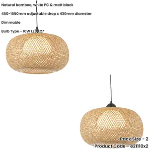 2 PACK Hanging Ceiling Pendant Light - Natural Bamboo White Pc & Matt Black - 10W LED E27