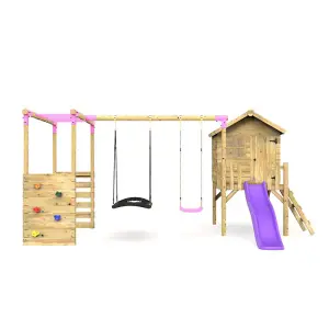 Rebo Orchard 4ft Wooden Children's Playhouse, Swings, Monkey Bars, Deck & 6ft Slide - Double Swing - Sage Purple