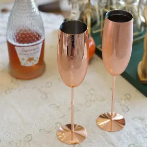 Set Of 2 Copper Stainless Steel Prosecco Glasses Tall Champagne Drinks Flutes