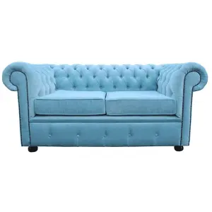 Chesterfield 2 Seater Sofa Settee Velluto Duck Egg Blue Fabric In Classic Style