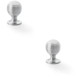 2 PACK - Reeded Ball Door Knob - 25mm Diameter Satin Chrome Lined Cupboard Pull Handle