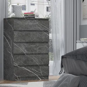 ZITA - 5 Drawer Chest of Drawers in Matt Charcoal Grey Marble Effect