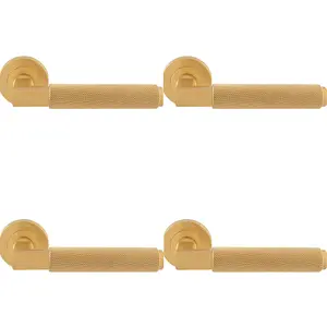 4 PACK - Premium Knurled Door Handle Set - Satin Brass Angled Lever on Round Rose