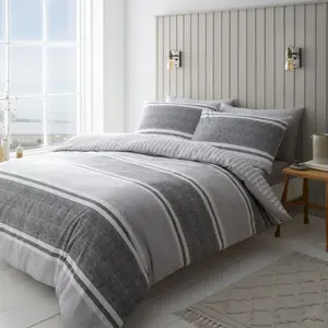 Textured Banded Stripe Reversible Duvet Cover Set with Pillowcases Grey / Single - 1 Standard Pillowcase