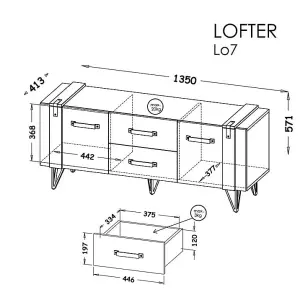 Industrial Chic: Lofter TV Cabinet, Oak Wotan & Concrete, H571mm W1350mm D413mm