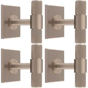 4 PACK - Reeded T Bar Cabinet Door Knob & Matching Backplate Lined Satin Nickel 40 x 40mm