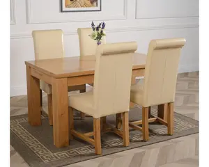 Dakota 152 x 87 cm Chunky Medium Oak Dining Table and 4 Chairs Dining Set with Washington Ivory Leather Chairs