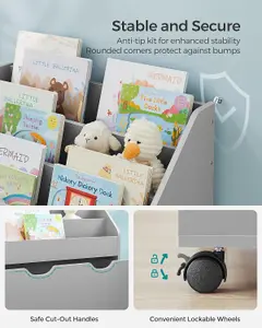 SONGMICS Kids's Bookshelf, Toy Shelf, Children's Shelf, with 3 Compartments, Storage Box on Wheels, Multifunctional, Dove Grey