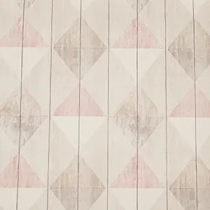 Wooden Grain Effect Panel Diamond Triangle Pink Beige White Textured Wallpaper