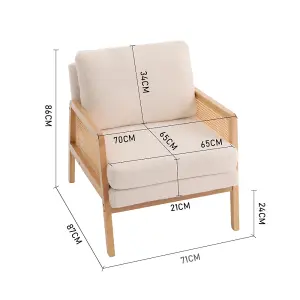 Upholstered Armchair with Wood Frame Rattan Arms Chair in White