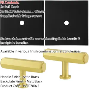 2 PACK - Cabinet Door Knob & Contrasting Backplate Set - Hex T Bar Pull - Satin Brass & Matt Black