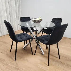 Round Chrome Metal and Clear Glass Dining Table and 4 Black Tufted Velvet Chairs Kitchen Dining Set